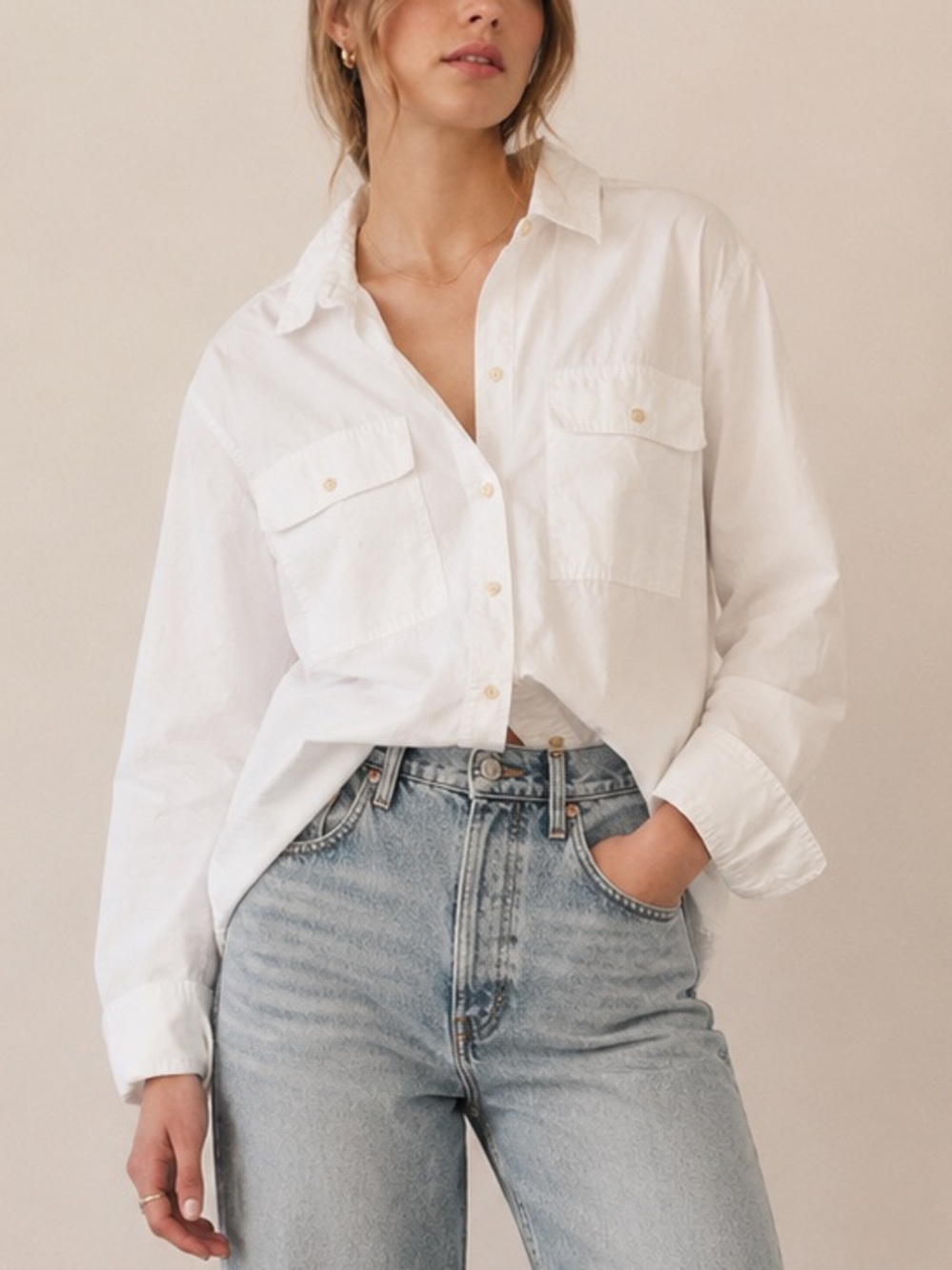Free Assembly Oversized White Poplin Button Down Longsleeve Crop Shirt Relaxed